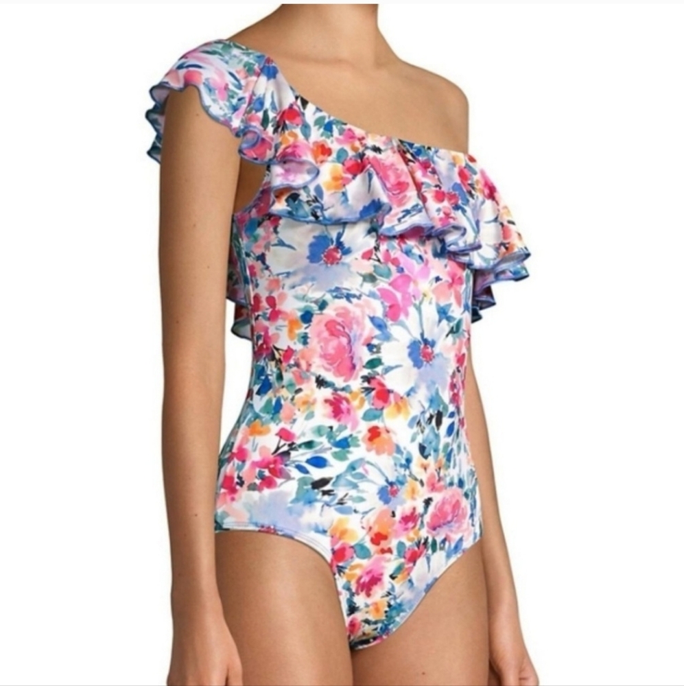 Shoshanna Swimwear Floral Ruffle Trim One-Shoulder Swimsuit Size 10